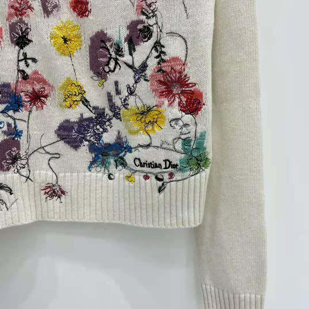 Dior Women Embroidered Sweater White Cashmere Knit with Red Multicolor Florilegio Motif - image 7