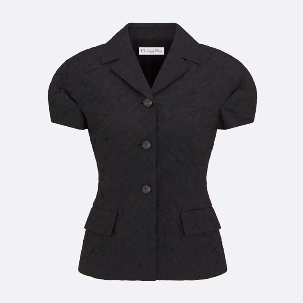 Front view of Dior Women Fitted Jacket with Puff Sleeves Black Cloqué-Effect