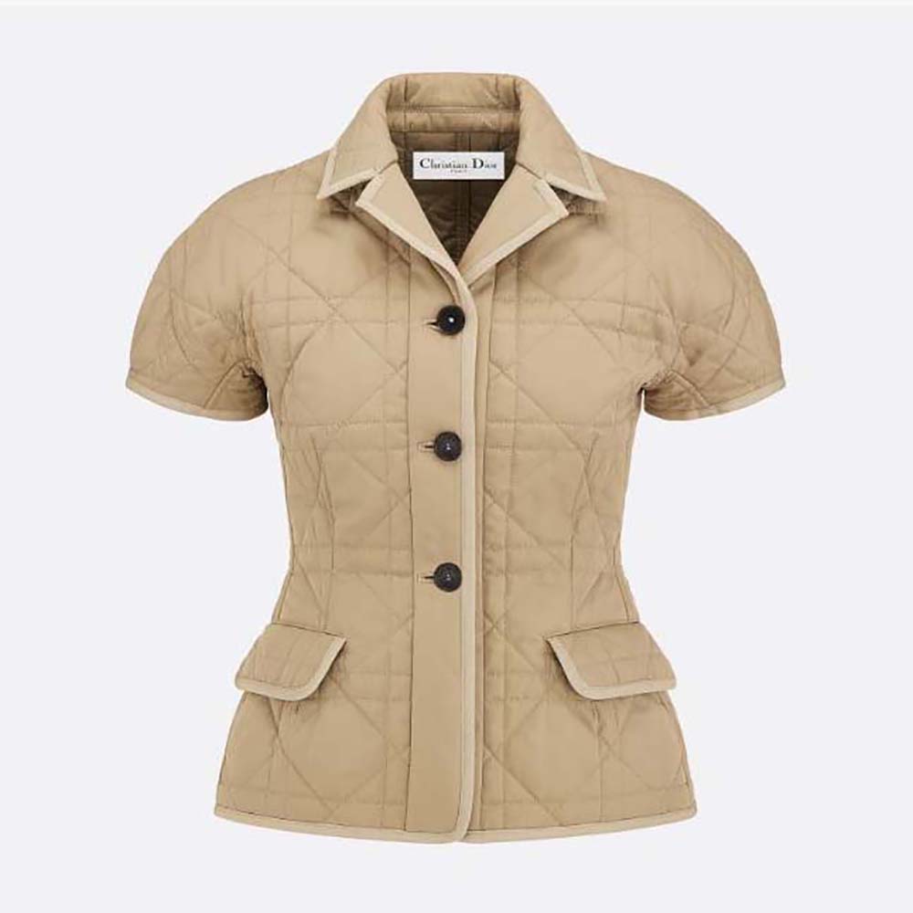 Front view of Dior Women Macrocannage Fitted Jacket with Puff Sleeves Beige Cotton Gabardine