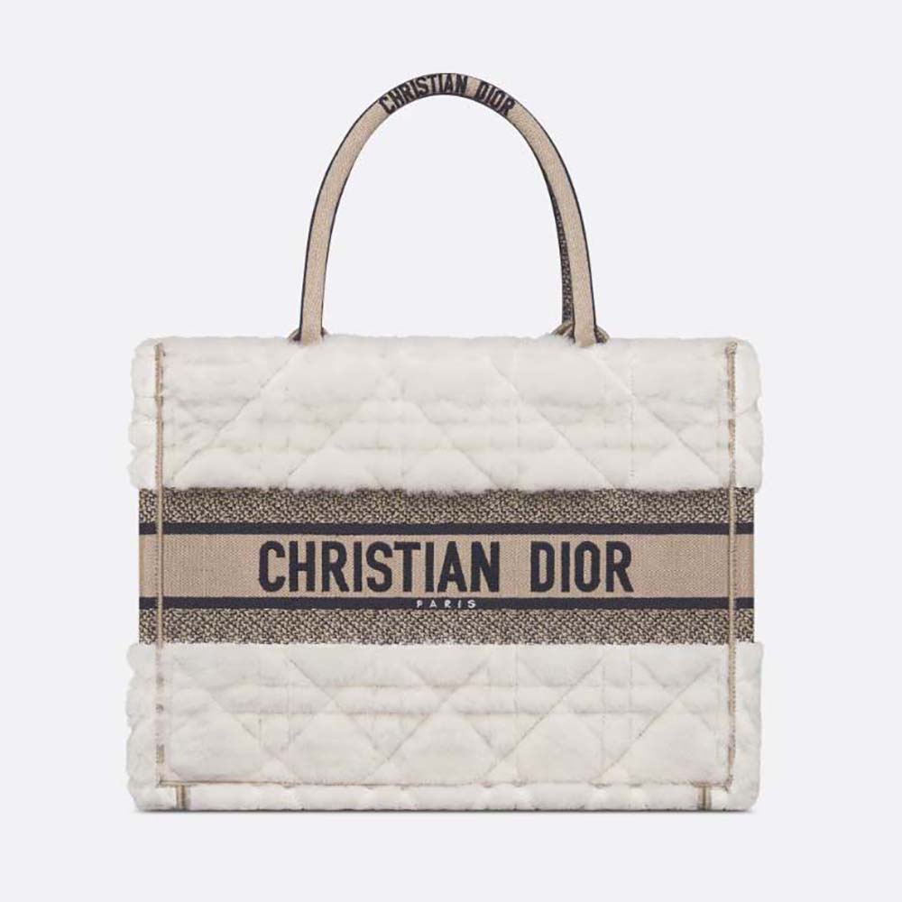 Front view of Dior Women Medium Dior Book Tote Ice Cannage Shearling