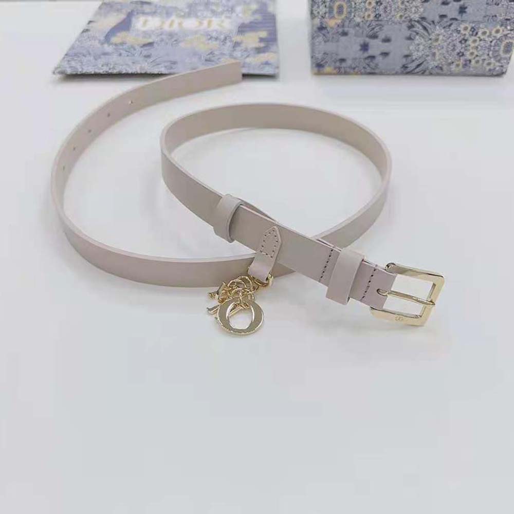 Side angle showing smooth calfskin texture on Dior Women Miss Dior Belt
