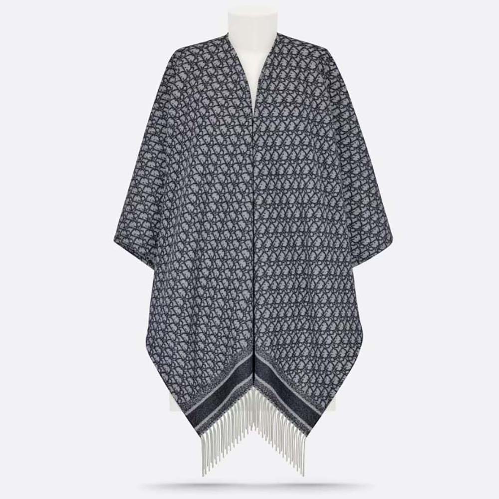 Front view of Dior Women Oblique Poncho Navy Blue Cashmere draped