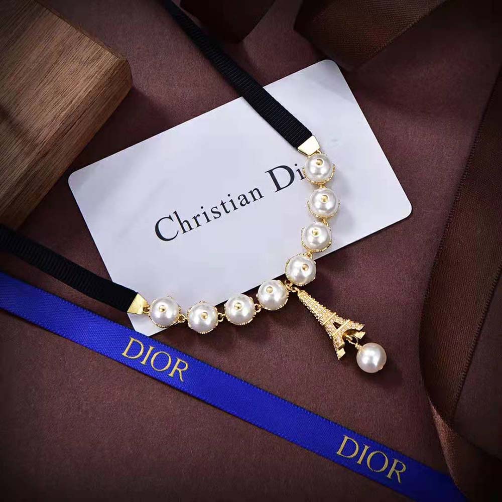 Dior Women Plan De Paris Choker Gold-Finish Metal with Black Grosgrain and White Resin Pearls - image 5