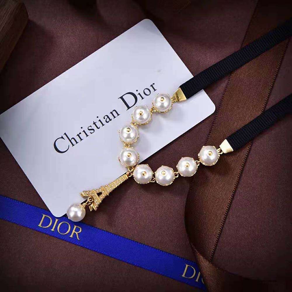 Dior Women Plan De Paris Choker Gold-Finish Metal with Black Grosgrain and White Resin Pearls - image 4