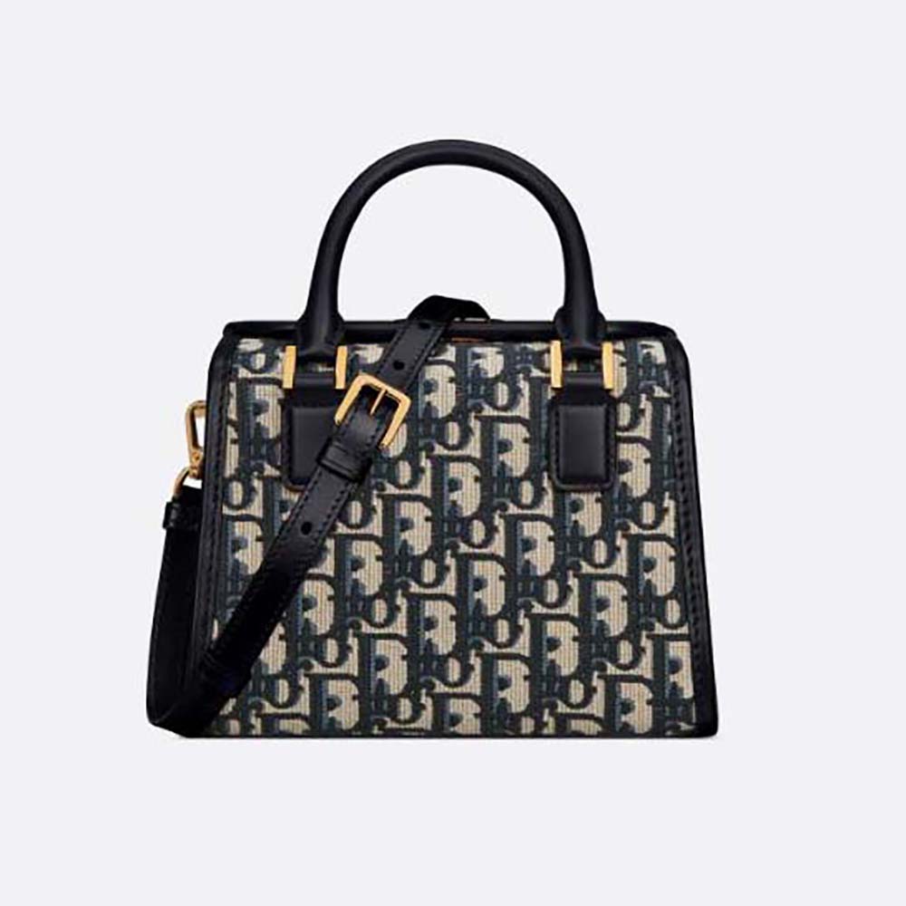 Front view of Dior Women Small Boston Bag Blue Dior Oblique Embroidery