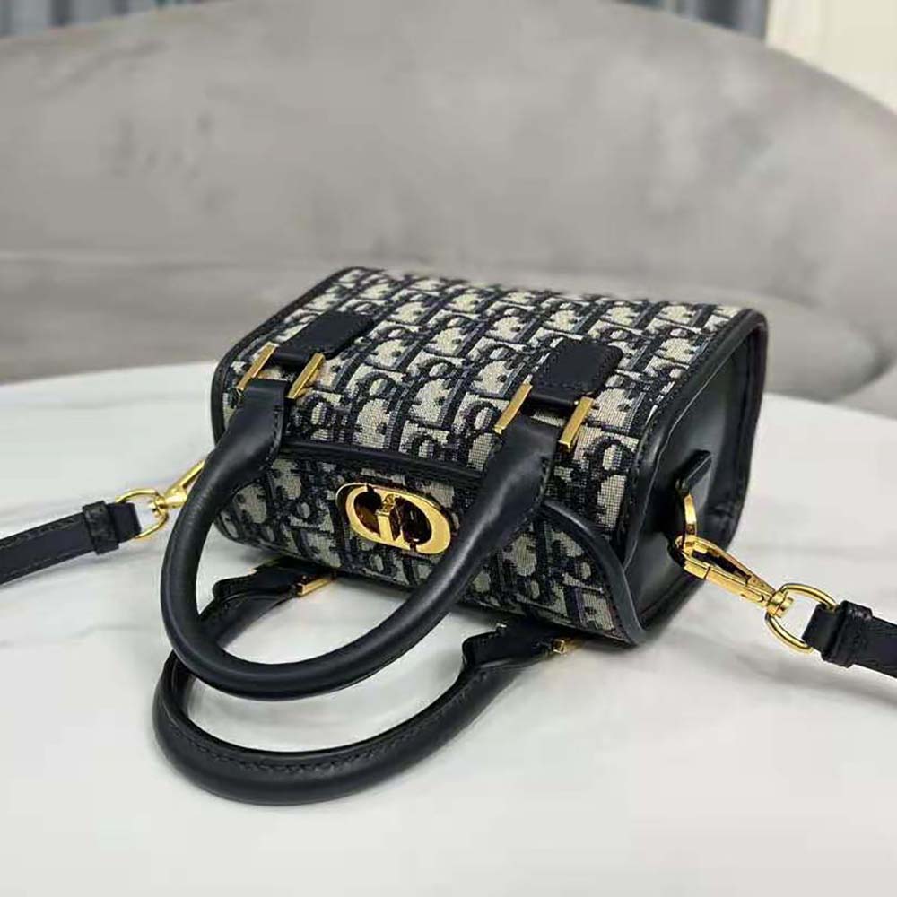 Dior Women Small Boston Bag Blue Dior Oblique Embroidery and Smooth Calfskin - image 5
