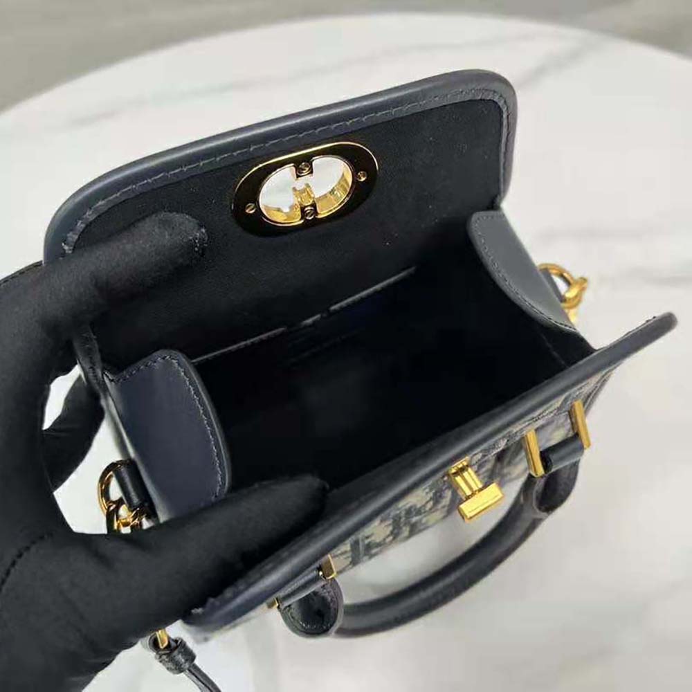 Dior Women Small Boston Bag Blue Dior Oblique Embroidery and Smooth Calfskin - image 9