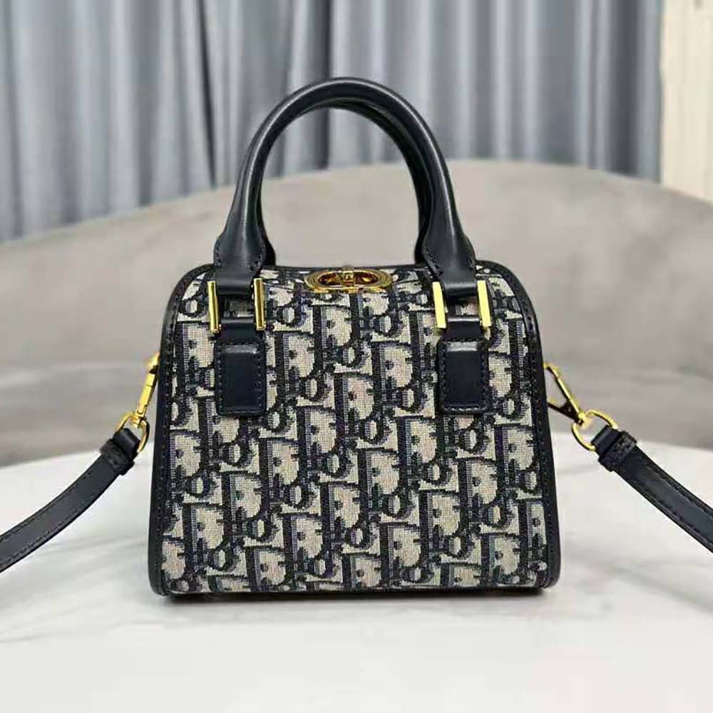 Dior Women Small Boston Bag Blue Dior Oblique Embroidery and Smooth Calfskin - image 4