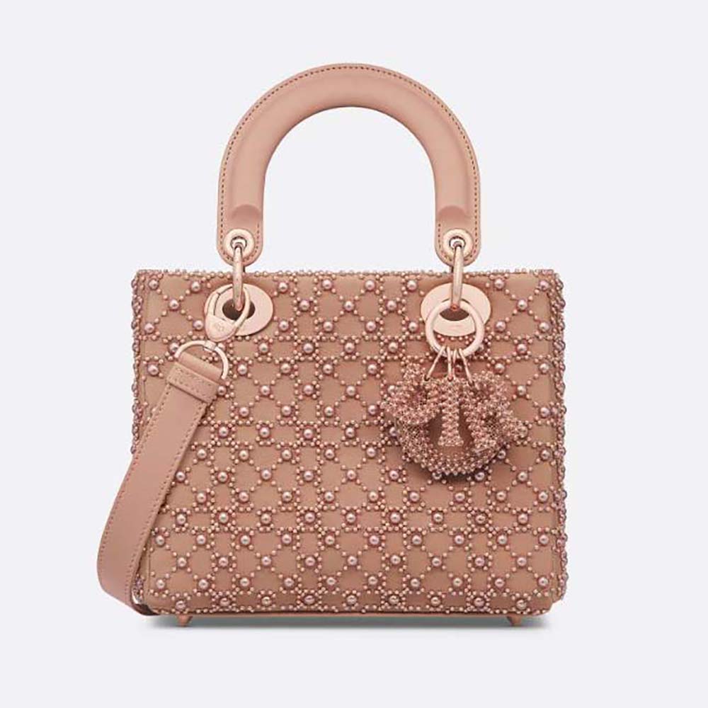 Front view of Dior Women Small Lady Dior Bag Rose Des Vents Cannage Calfskin Embroidered with Resin Pearls