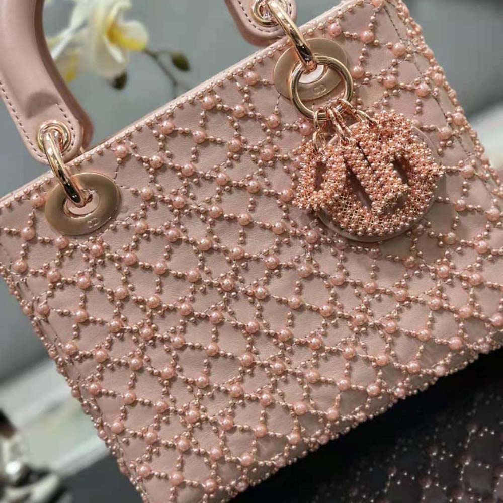 Dior Women Small Lady Dior Bag Rose Des Vents Cannage Calfskin Embroidered with Resin Pearls - image 5