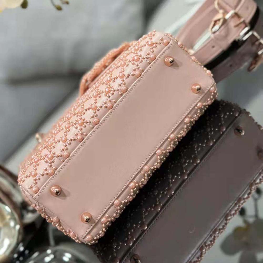Dior Women Small Lady Dior Bag Rose Des Vents Cannage Calfskin Embroidered with Resin Pearls - image 6