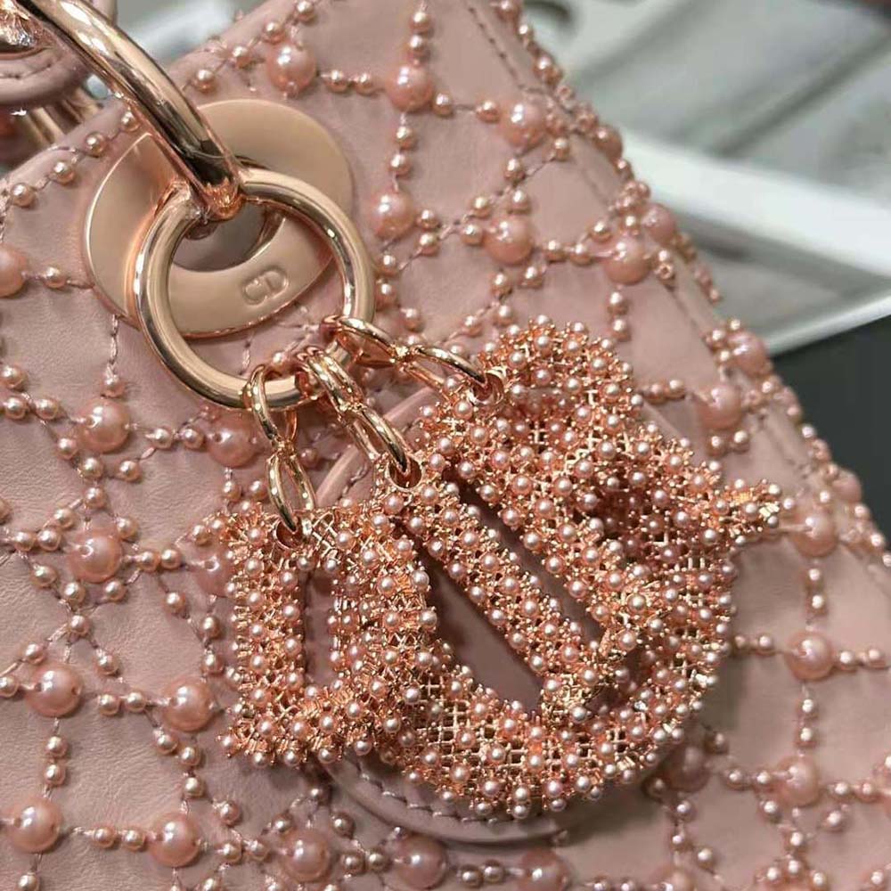 Dior Women Small Lady Dior Bag Rose Des Vents Cannage Calfskin Embroidered with Resin Pearls - image 9
