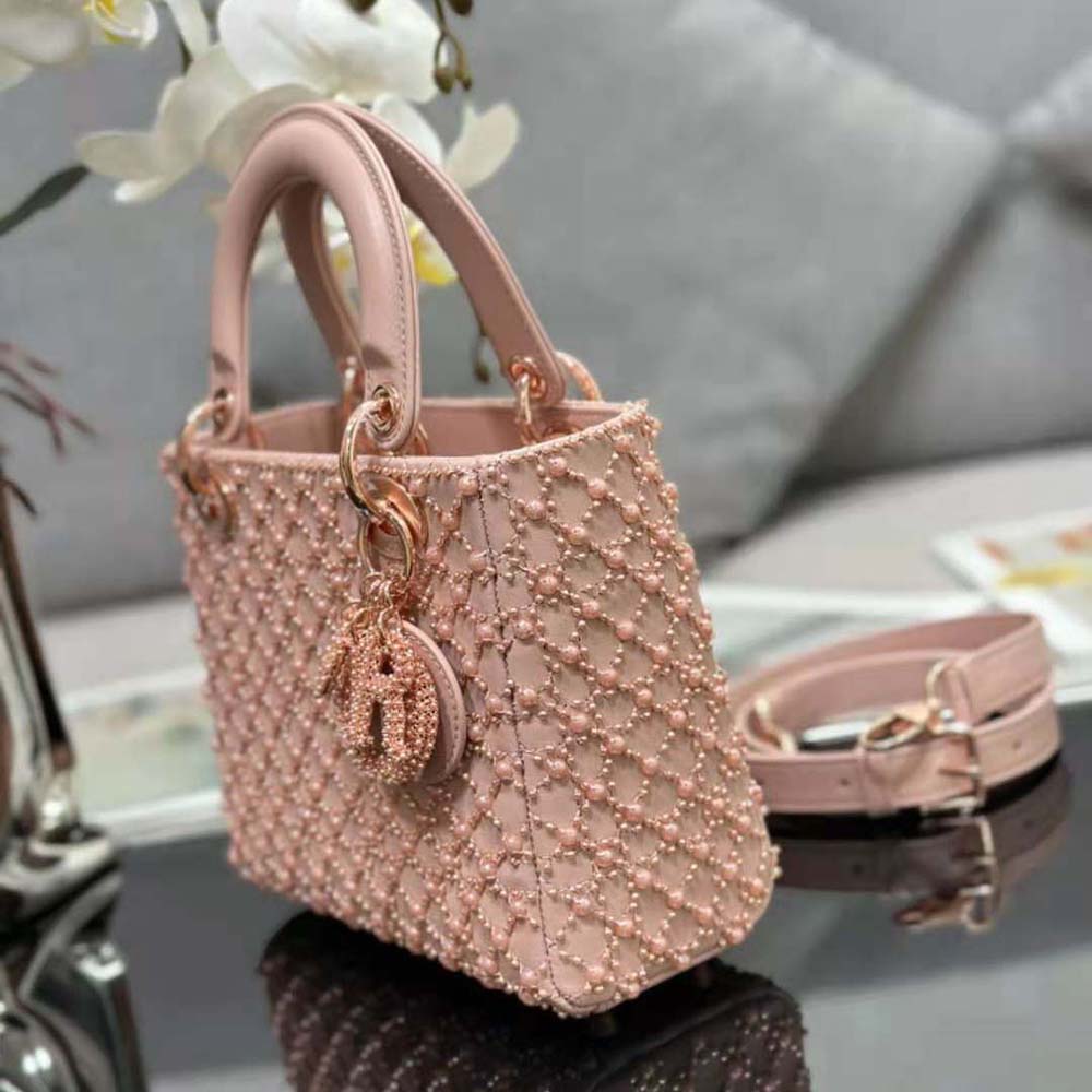 Dior Women Small Lady Dior Bag Rose Des Vents Cannage Calfskin Embroidered with Resin Pearls - image 4