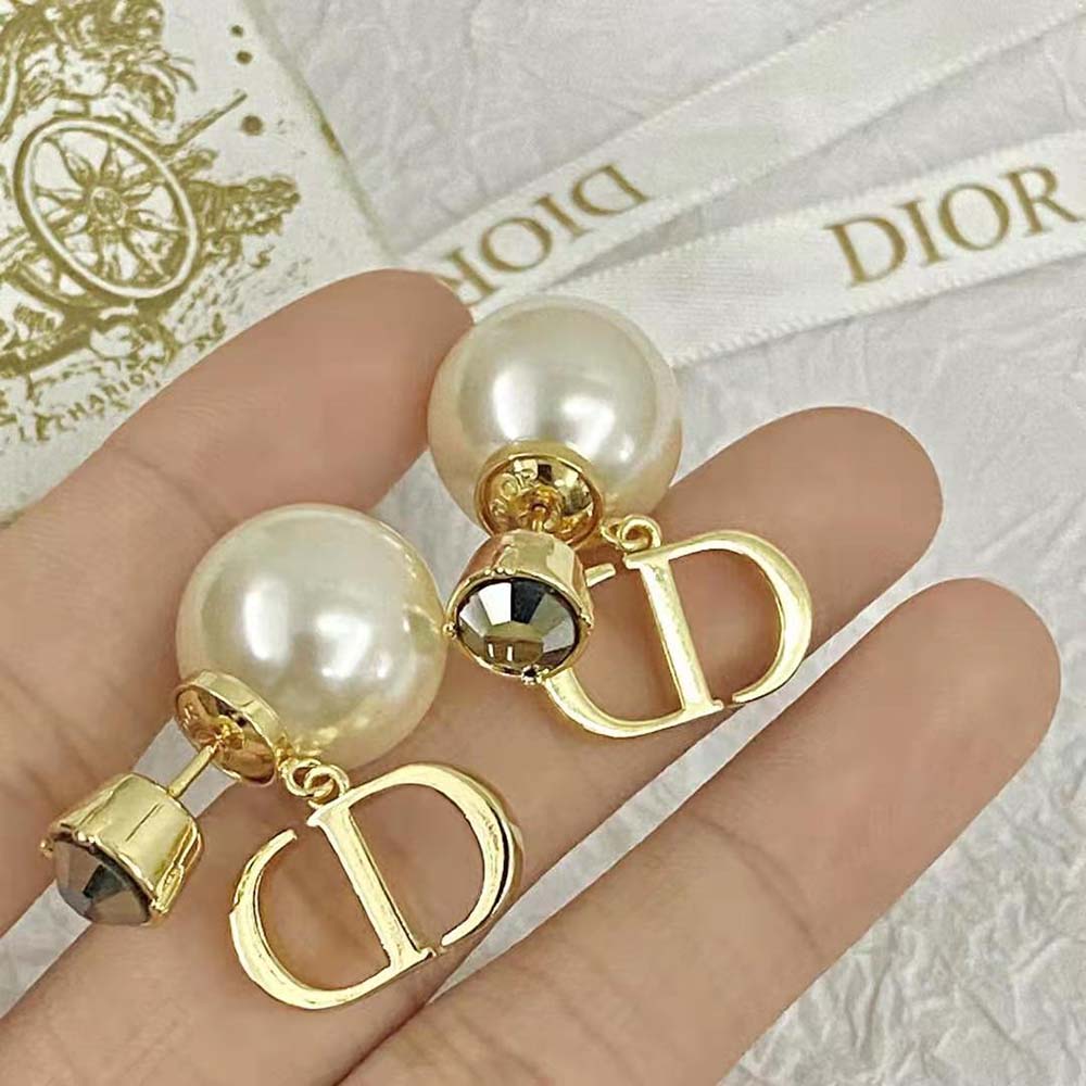 Dior Women Tribales Earrings Gold-Finish Metal with White Resin Pearls and Hematite-Colored Crystals - image 9