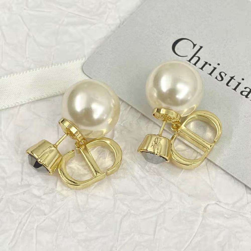 Dior Women Tribales Earrings Gold-Finish Metal with White Resin Pearls and Hematite-Colored Crystals - image 4