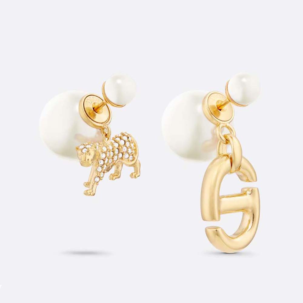 Close-up of Dior Women Tribales Earrings showing gold-finish metal and pearls