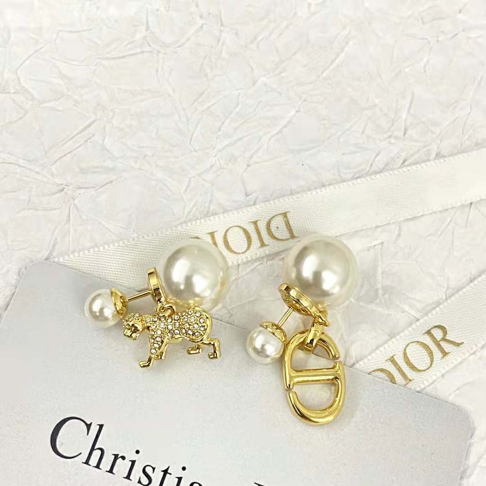 Dior Women Tribales Earrings Gold-Finish Metal with White Resin Pearls and Silver-Tone Crystals - image 7