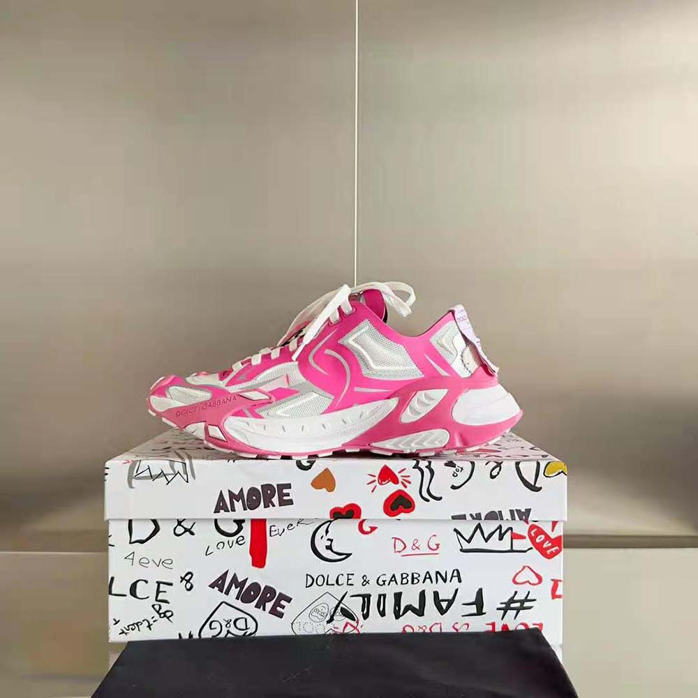 Close-up on pink technical fabric upper and laces, Dolce Gabbana D&G sneakers