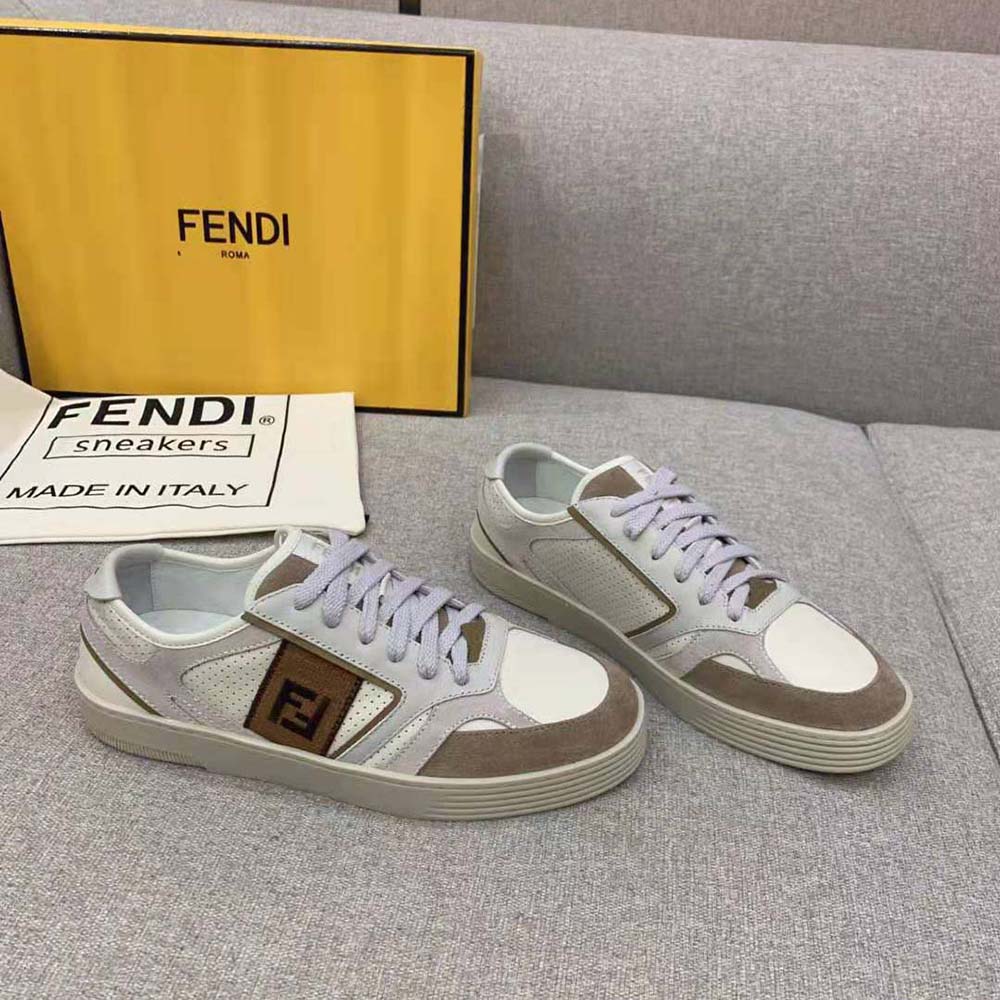 Top-down view of Fendi Men Step Beige Leather Low-tops laced up