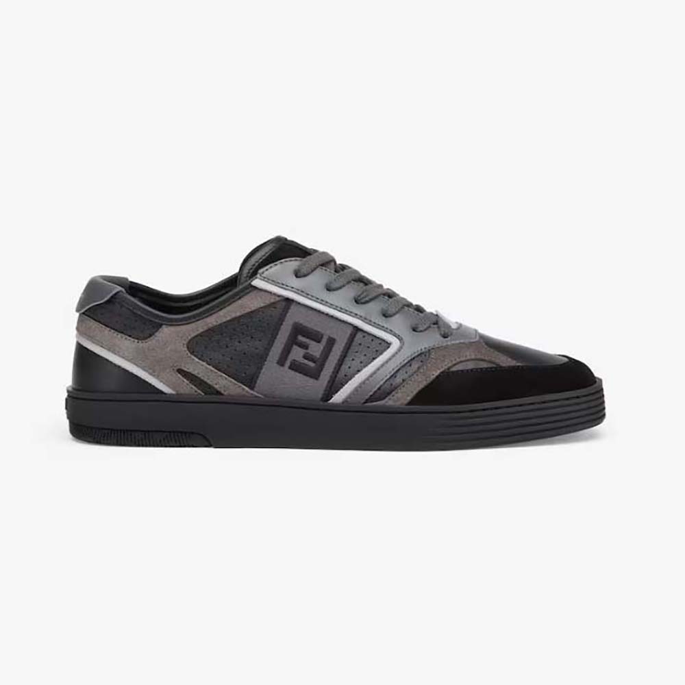 Side view of Fendi Men Step Black Leather Low-tops highlighting silhouette