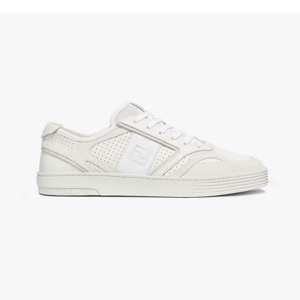 Side profile of Fendi Men Step White Leather Low-tops in bright light