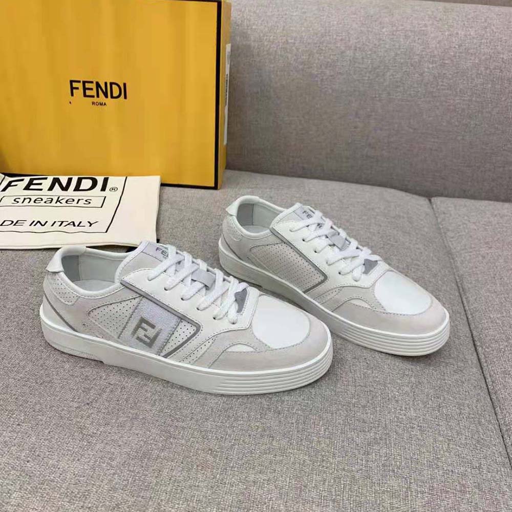 Top-down view showing lace-up closure and sleek silhouette of Fendi Men Step White Leather Low-tops
