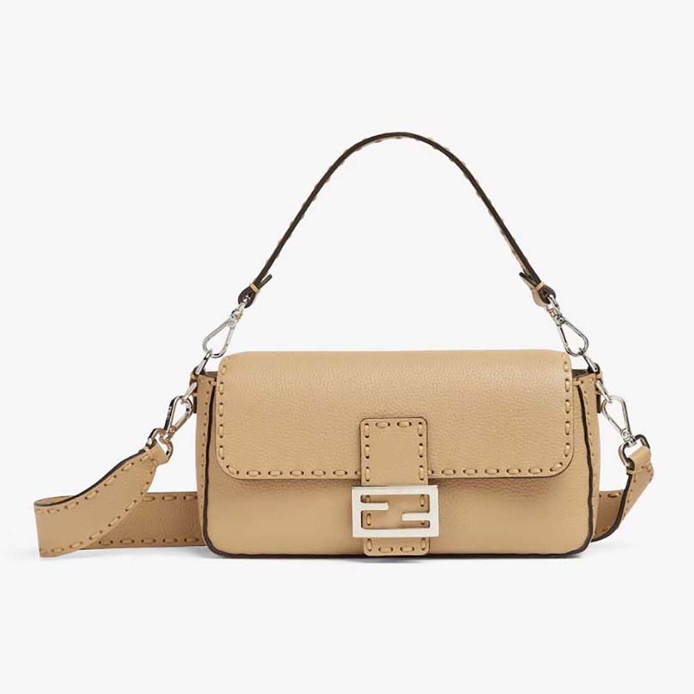 Front view of Fendi Women Baguette Beige Selleria Bag with oversized topstitching