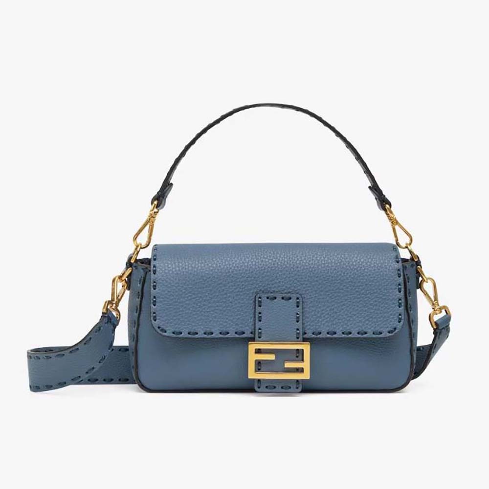 Front view of Fendi Women Baguette Blue Selleria Bag with oversized topstitching