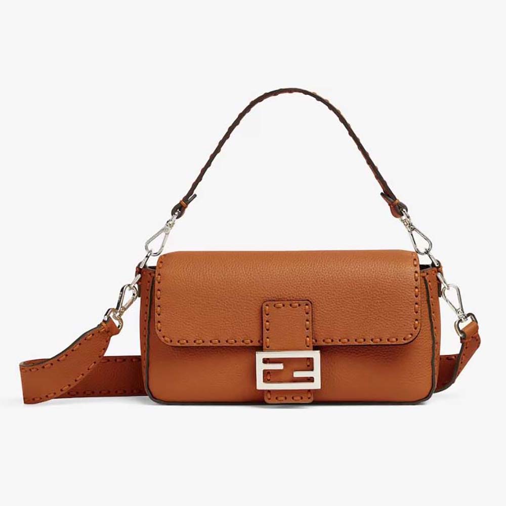Front angle of Fendi Women Baguette Brown Selleria Bag with Oversized Topstitching