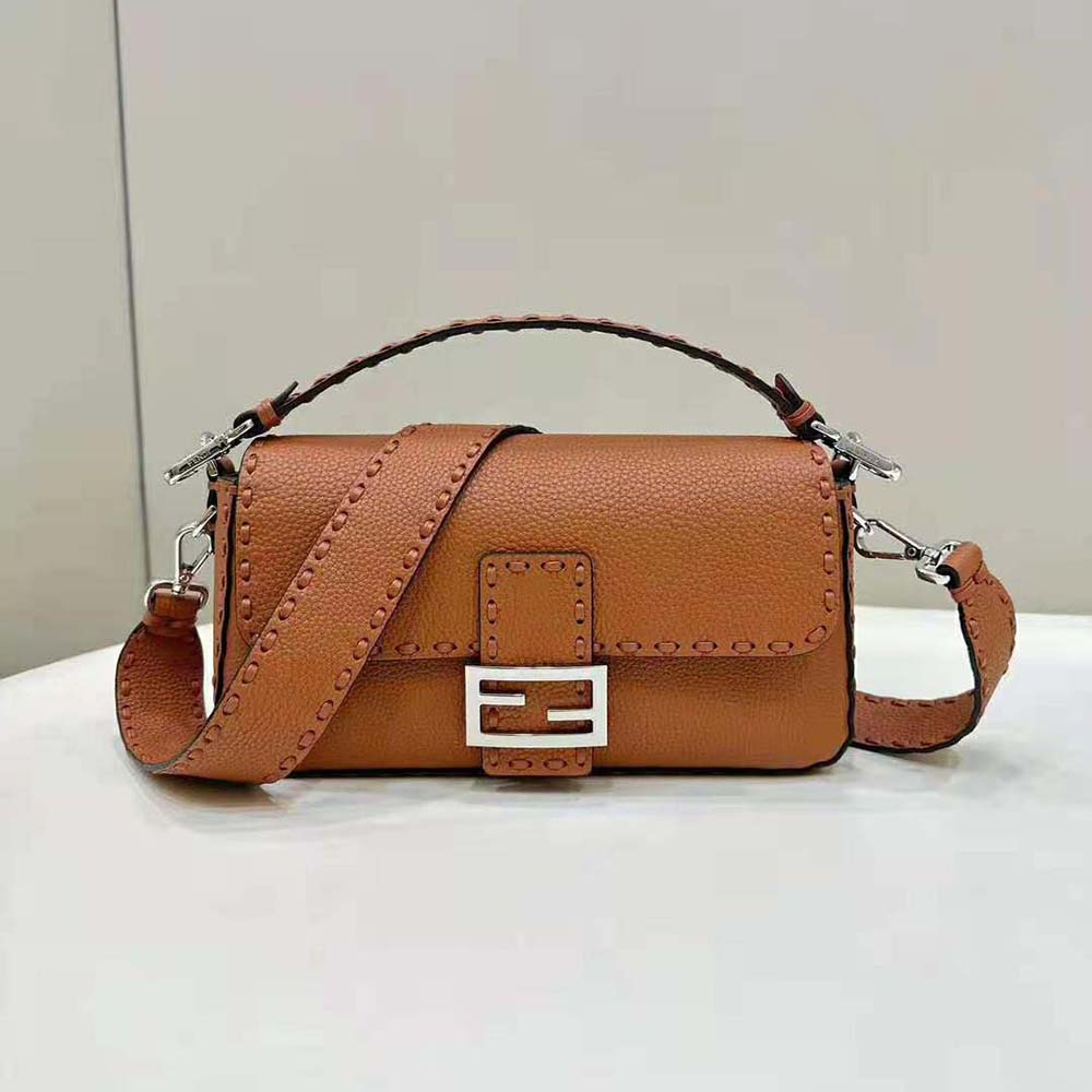 Close-up of oversized stitching detail on Fendi Women Baguette Brown Selleria Bag