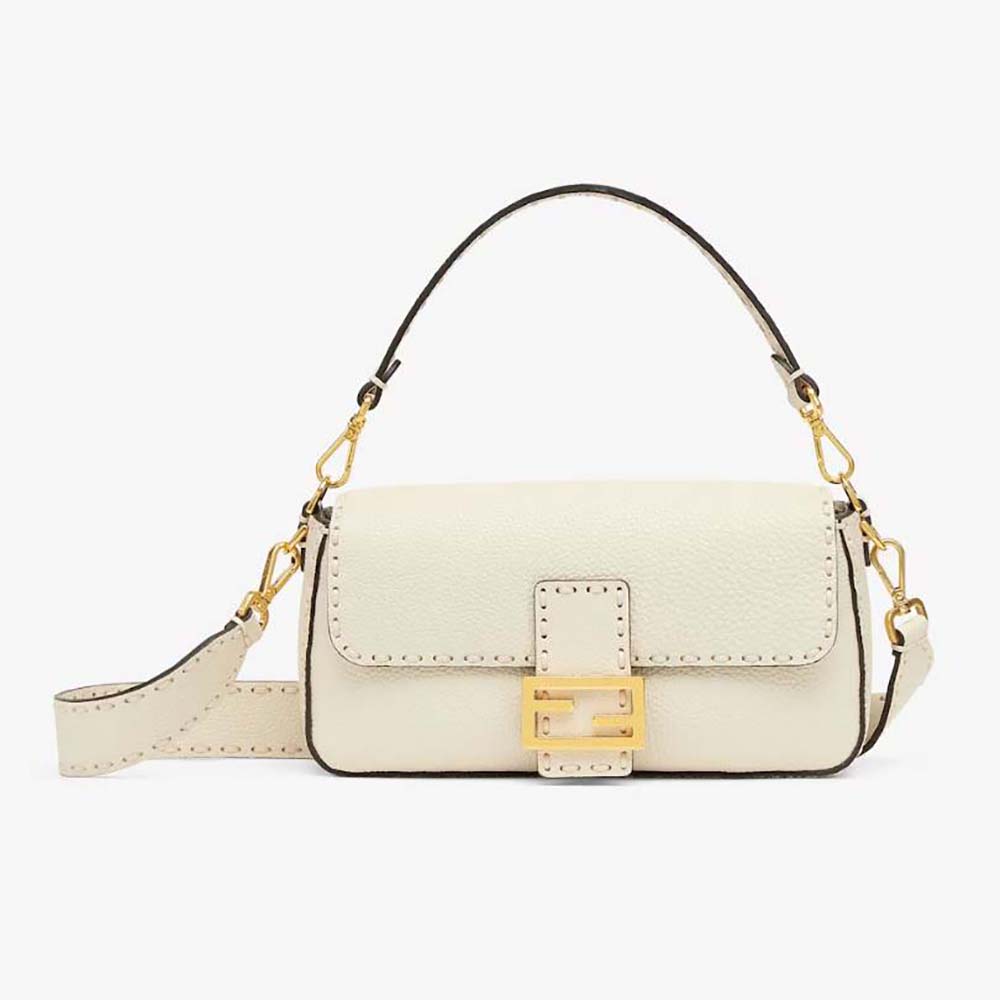 Front view of Fendi Women Baguette Camellia Selleria Bag in white leather