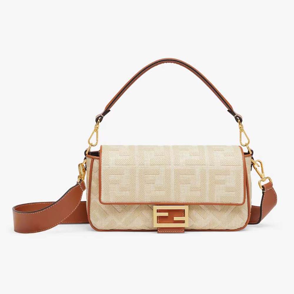 Front view of Fendi Women Baguette Natural Straw Bag with FF Embroidery