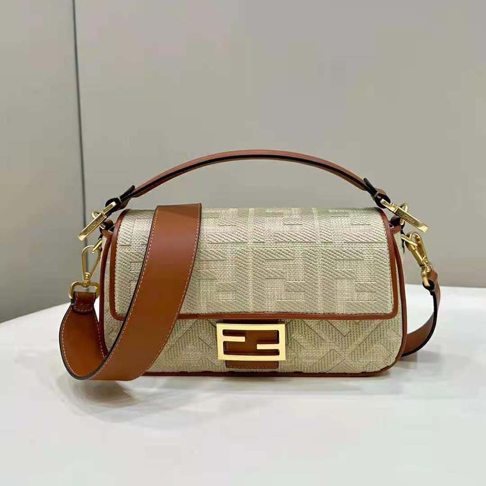 Close-up of FF embroidery detail on Fendi natural straw bag