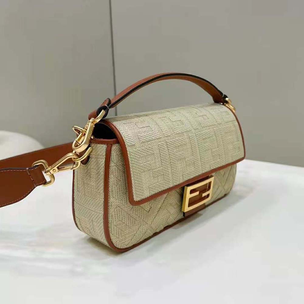 Fendi Women Baguette Natural Straw Bag with FF Embroidery - image 4