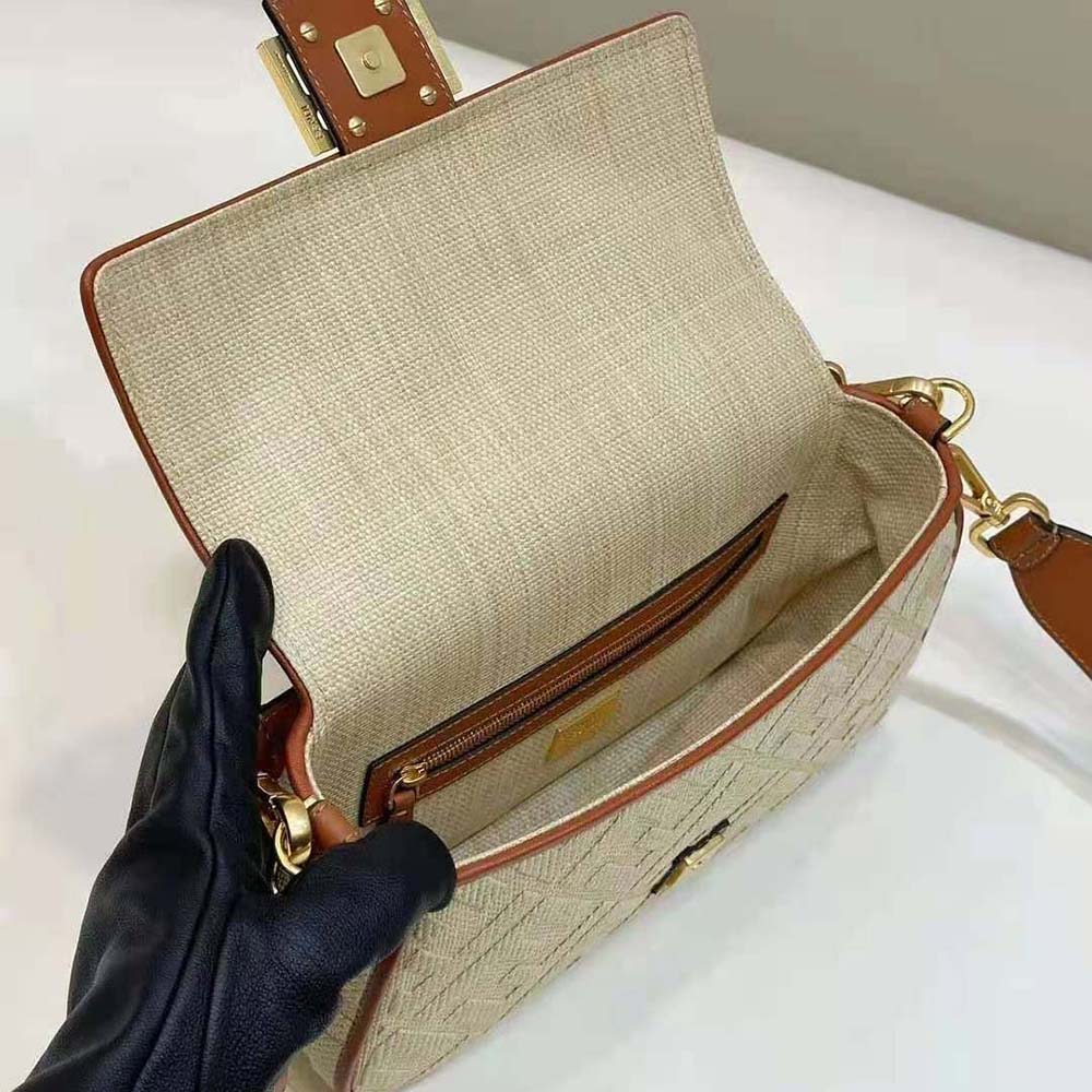 Fendi Women Baguette Natural Straw Bag with FF Embroidery - image 6