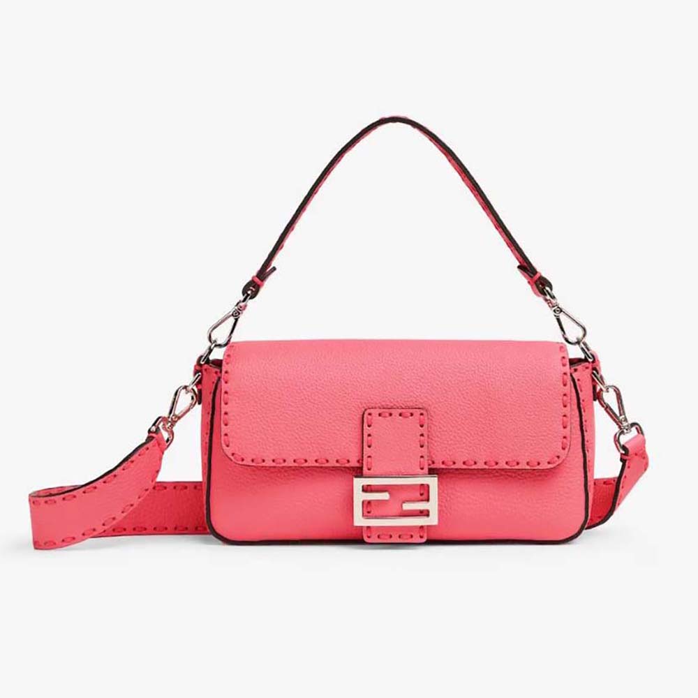 Front view of Fendi Women Baguette Pink Selleria Bag with oversized topstitching
