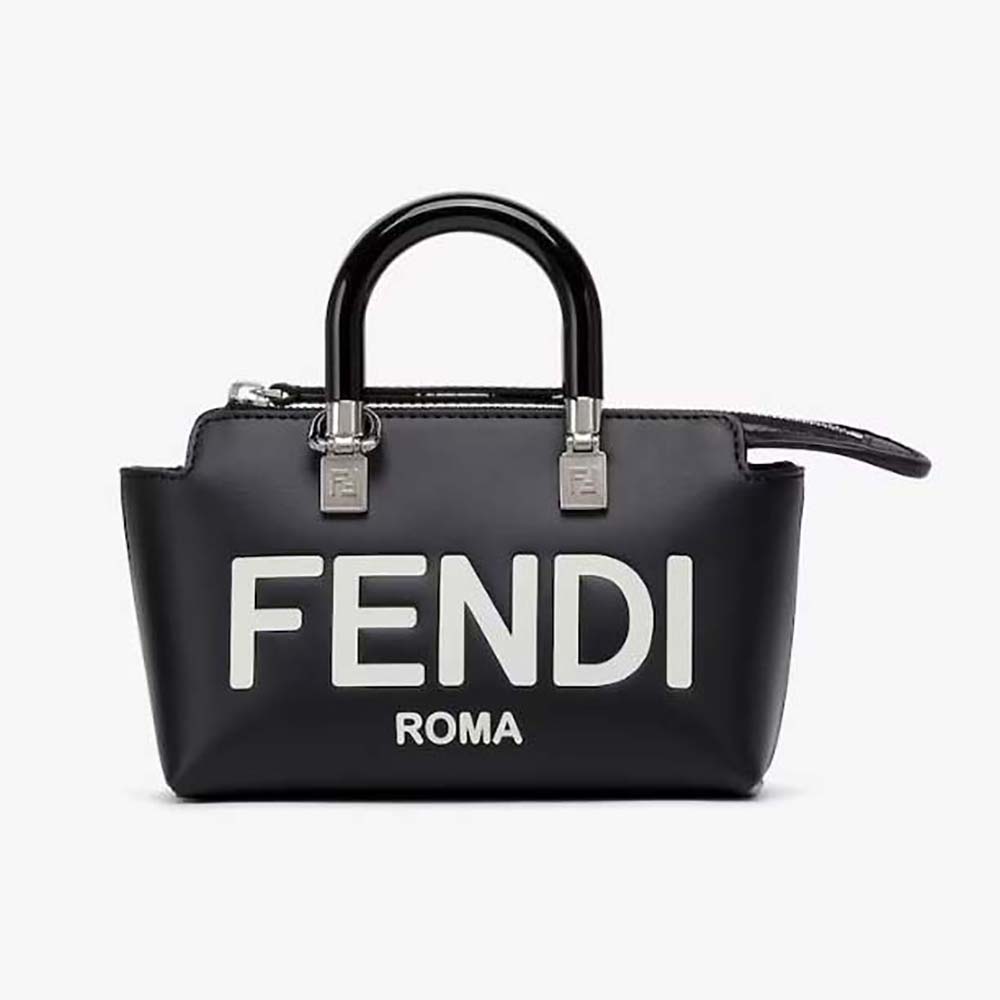 Front view of Fendi Women By The Way Mini Small Boston Bag in Black Leather