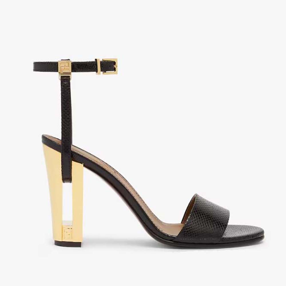 Side view of Fendi Women Delfina Black Karung High-heeled Sandals showing stiletto heel