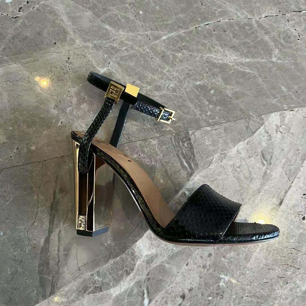 Top angle of Fendi Women Delfina Black Karung High-heeled Sandals with buckle closure