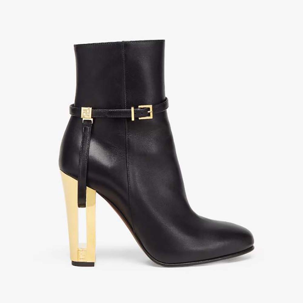 Side profile of Fendi Women Delfina Black Leather High-heeled Ankle Boots