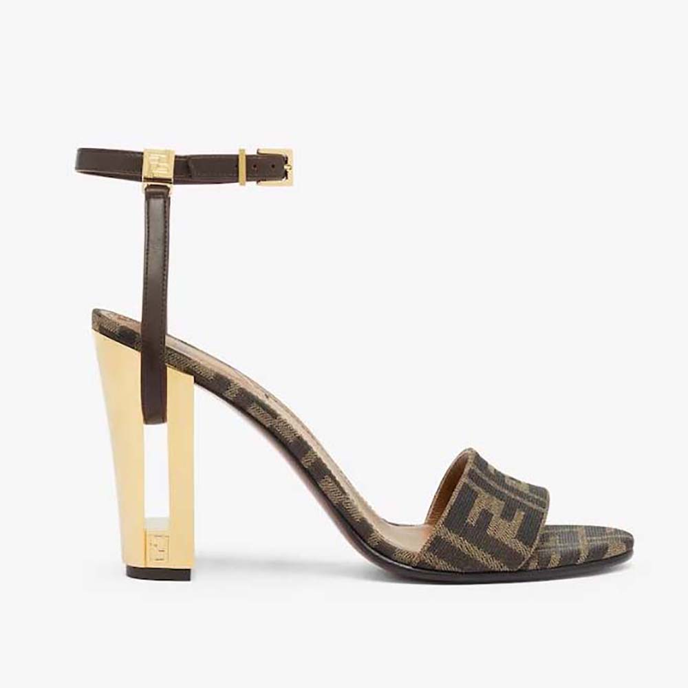 Side view of Fendi Women Delfina Brown Fabric High-heeled Sandals