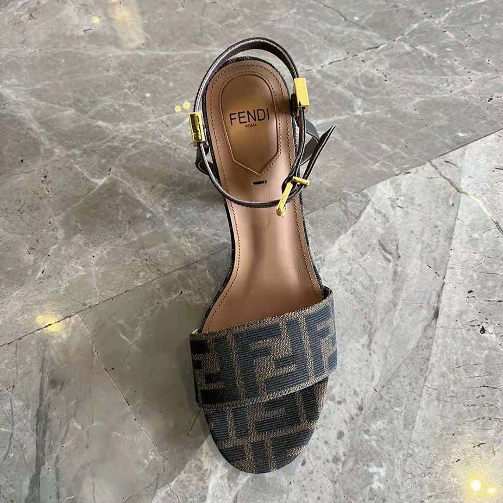 Top-down angle showing fabric texture on Fendi Delfina Brown Sandals