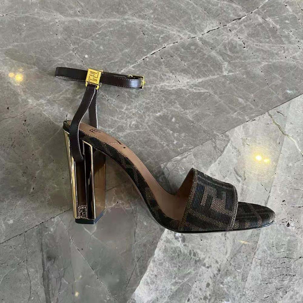 Fendi Women Delfina Brown Fabric High-heeled Sandals - image 4