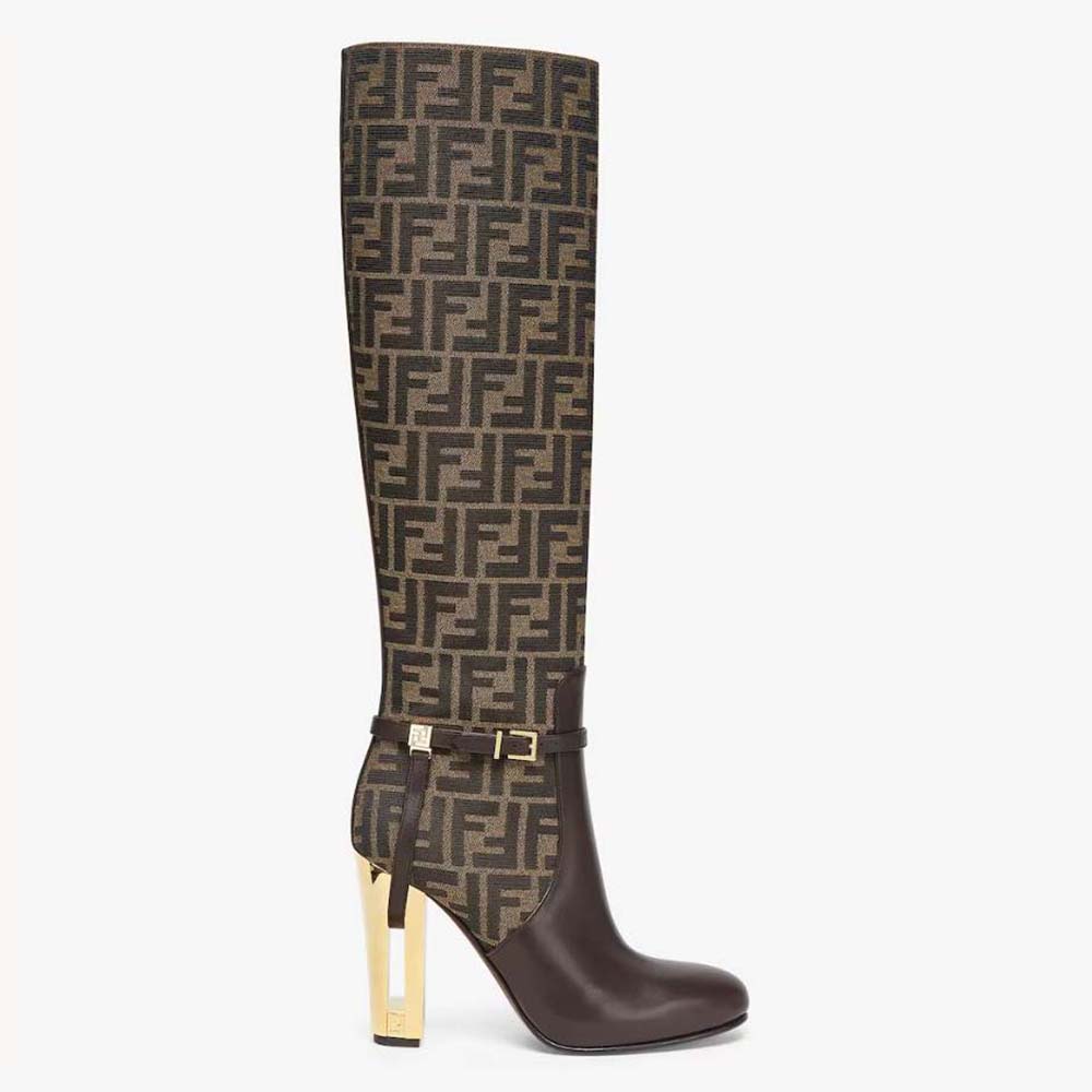 Side profile of Fendi Women Delfina Brown Leather High-heeled Boots
