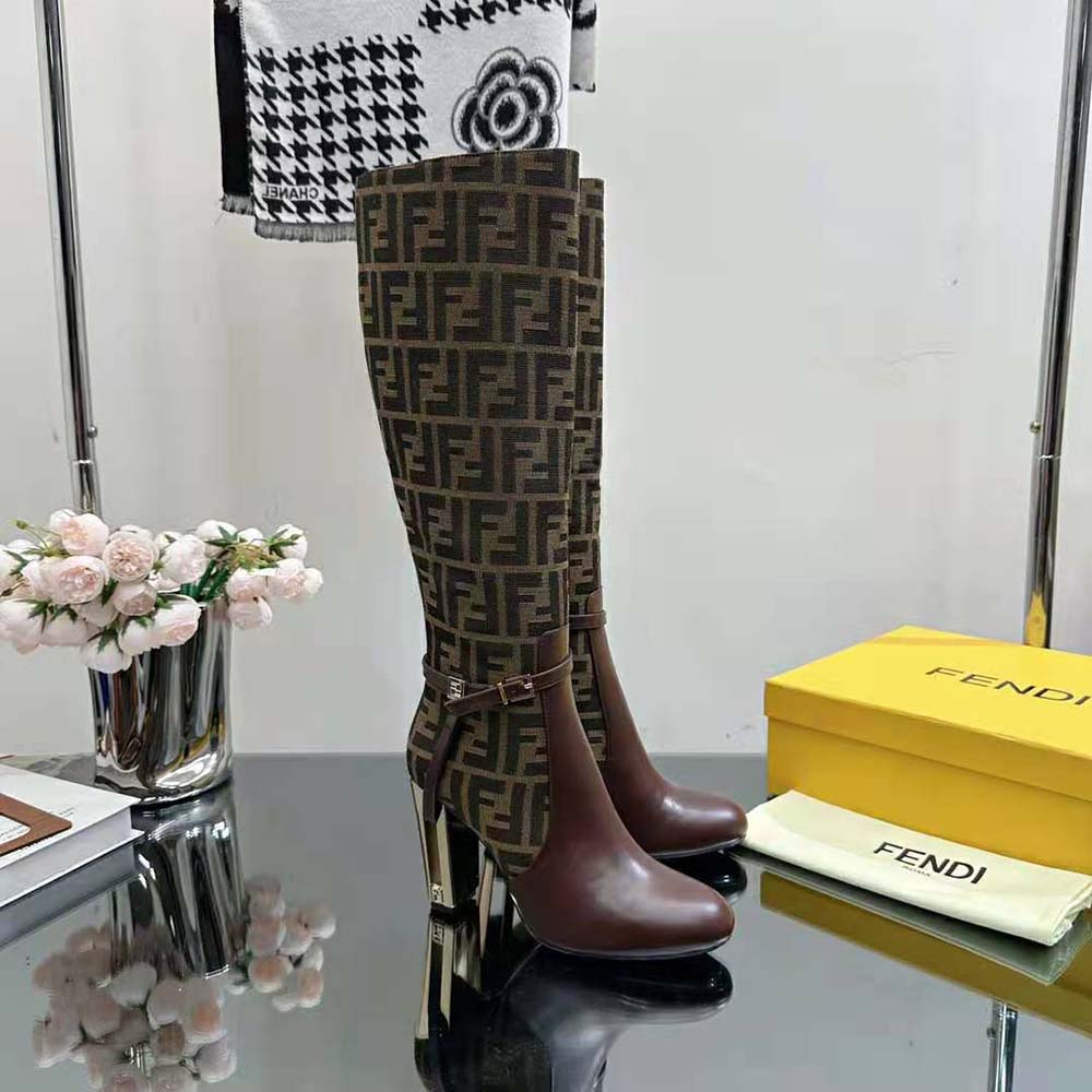 Top view showcasing smooth brown leather on Fendi Women Delfina Boots