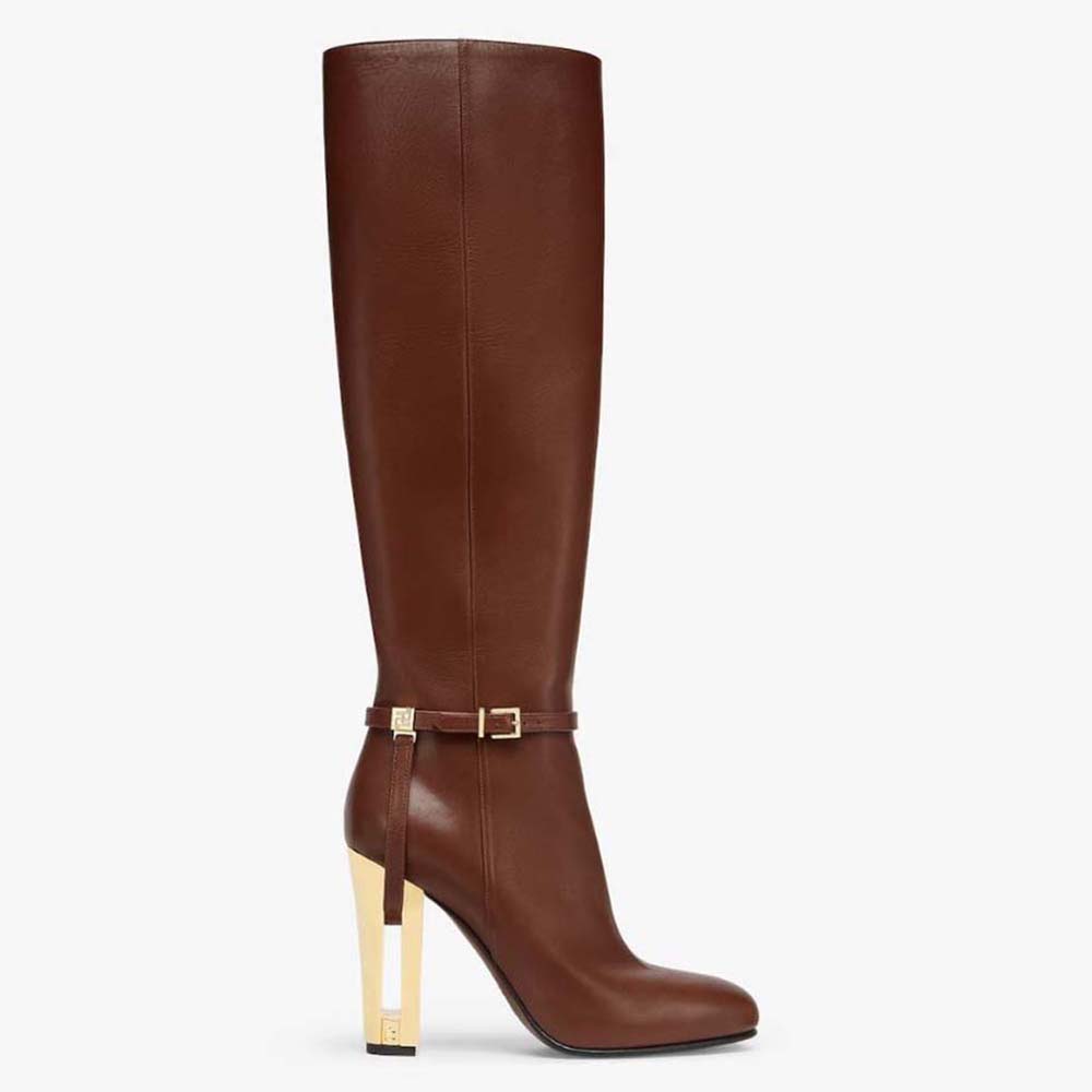 Side view of Fendi Women Delfina Leather High-heeled Boots-Brown showcasing silhouette