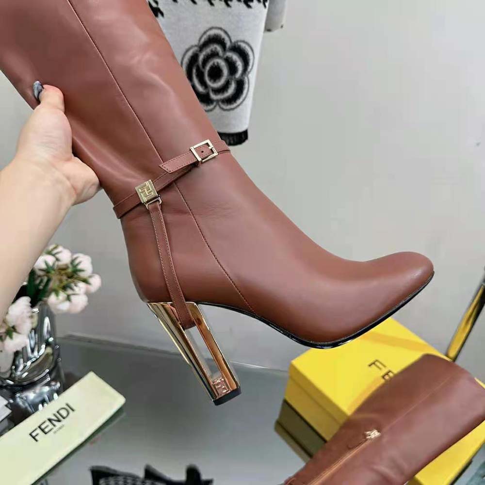 Fendi Women Delfina Leather High-heeled Boots-Brown - image 9