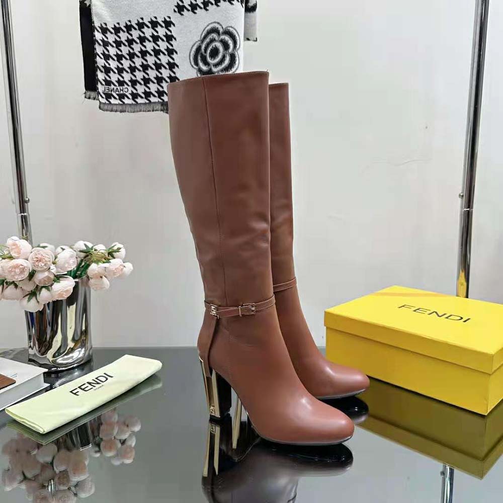 Fendi Women Delfina Leather High-heeled Boots-Brown - image 7