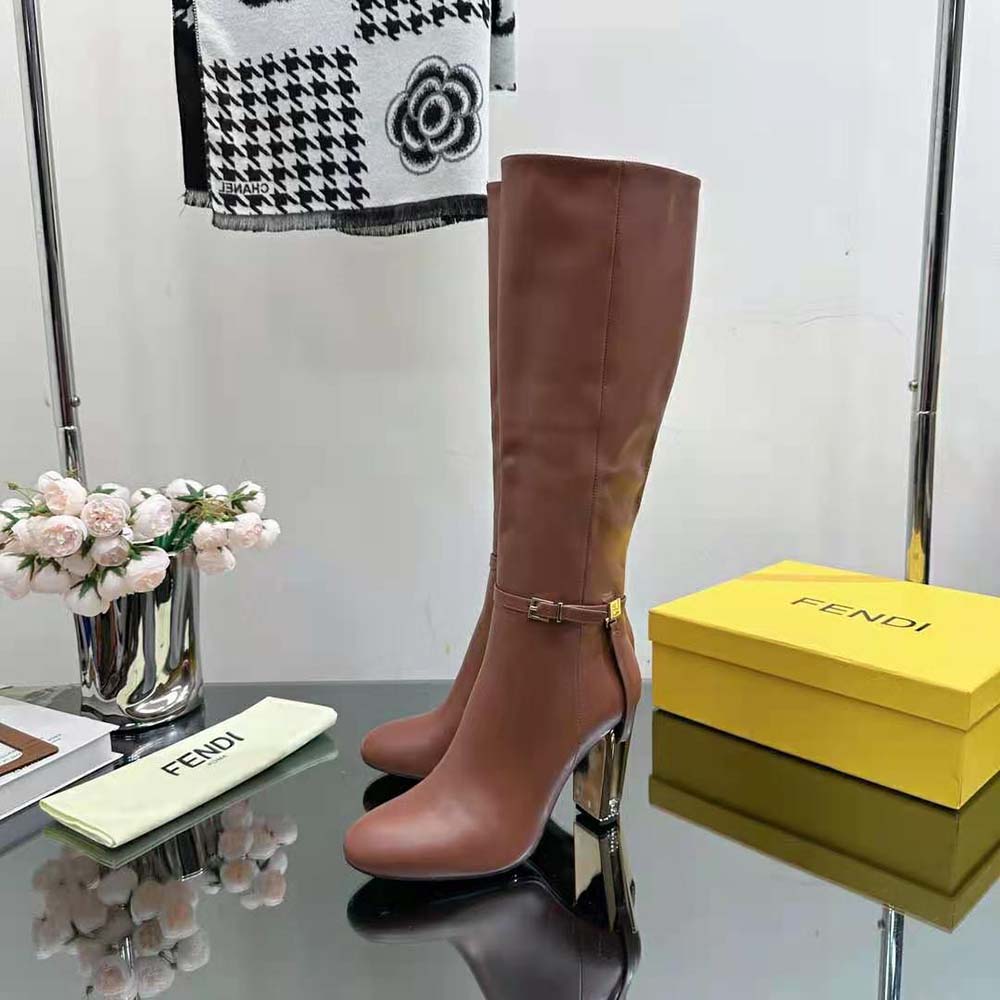 Fendi Women Delfina Leather High-heeled Boots-Brown - image 6