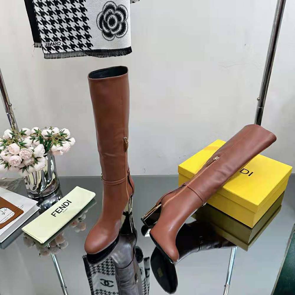 Fendi Women Delfina Leather High-heeled Boots-Brown - image 8